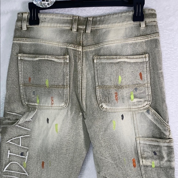 Tan Straight-Leg Jeans with Distressed Artistic Flair - Picture 3 of 8